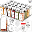 Glass Spice Jars with Label and Stainless Steel Lids (24 x 4oz) Spice Containers with 240 Labels, Shaker Inserts, Steel Funnel, Empty Square Empty Square Seasoning Organizer (White) by CozyNest Decor