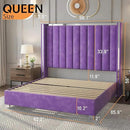Jocisland Queen Bed Frame with 58" Tall Headboard, Velvet Upholstered Platform Bed with Channel Tufted Wingback Headboard and Plating Trim, No Box Spring Needed, Purple by CozyNest Decor