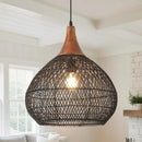 Black Rattan Pendant Light, 15.7" Rattan Chandelier Hand-Woven Wicker Pendant Light Fixtures with Solid Wood, Basket Hanging Lighting for Dining Room Kitchen Island Living Room by GreenHaven Gardens