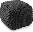 Casafield Square Pouf Ottoman, Black - 18.5" W x 18.5" D x 14.5" H Cotton Knit Foot Stool - Boho Floor Pouffe for Living Room, Bedroom, Home Office by CozyNest Decor