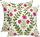 Alysheer Summer Decorative Throw Pillow Covers 18"x 18" Set of 2, Floral Embroidered Farmhouse Hot Pink Flowers Green Vine Patterned Cotton Canvas Cushion Case for Sofa Couch Bed Living Room Decor by CozyNest Decor
