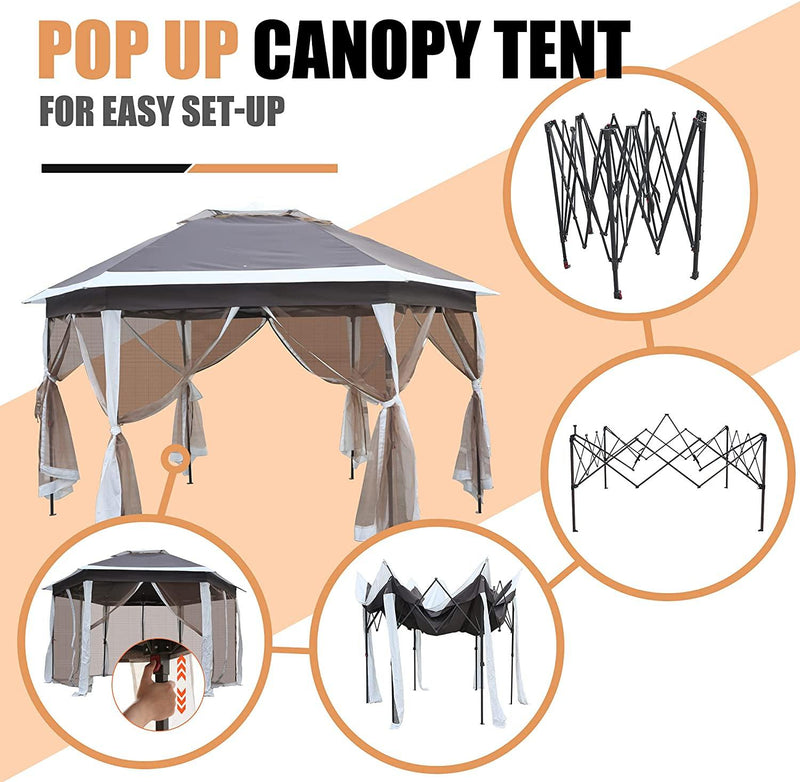 12Ft Outdoor Metal Patio Pop-Up Gazebo with Mesh Nettings for Parties and Outdoor Activities