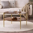 Round Coffee Table, Mid-Century Modern Design, D30 x H17, for Living Room, 2-Tier Structure, Amber Glass Top and Walnut MDF Shelf, Sleek Conical Metal Legs with Gold Finish by CozyNest Decor