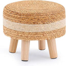 Handwoven Round Ottoman, Natural Water Hyacinth Outdoor Patio Pouf Seagrass Low Stool with Wood Legs, Soft Padded Footrest for Living Room Bedroom Garden, White by CozyNest Decor