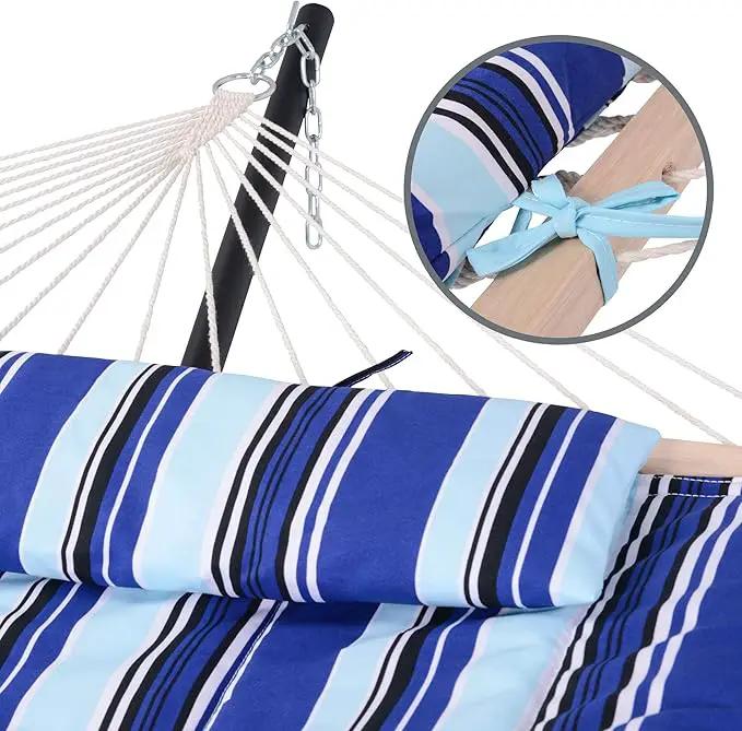 SUNCREAT Double Hammock with Stand, Two Person Cotton Rope Hammock, Blue Stripe, photo 4 of 7