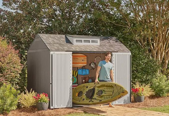 Rubbermaid Extra Large Resin Outdoor Storage Shed With Floor (7 x 10.5 Ft.) Weather Resistant Brown Organization for Home/Lawn Mower/Backyard Equipment/Bike Storage/Pool Supplies, photo 9 of 18