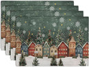 Christmas Placemats 12x18 Inch Set of 4, Winter Xmas Tree Wonderland Forest Village Town House Snowflake Linen Table Mats Washable Place Mats for Party Kitchen Dining Outdoor Indoor Decor by CozyNest Decor