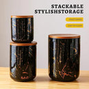 Ceramic Canister Set with Bamboo Airtight Lids, 3-Piece Kitchen Storage Jars (48oz, 30oz, 12oz) – Black with Gold Marble Pattern, Glossy Finish, for Coffee, Sugar, Flour & More by CozyNest Decor