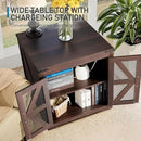 Farmhouse End Table, 24" Large Sofa Side Table with Charging Station, Mesh Barn Door, Rustic Wood Nightstand with Adjustable Storage Shelf, Square Nightstand for Living Room by CozyNest Decor