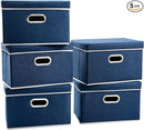PRANDOM Foldable Storage Bin with Lid [5-Pack] Linen Fabric Decorative Storage Box Organizer Container Basket Cube with Handles Divider for Closet Office Living Room Royal Blue(14.9x9.8x9.8) by TinyTreasures Baby Boutique