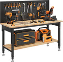 60" Work Bench Adjustable Height with Storage Shelf, Max Load 2000 LBS Heavy Duty Rubberwood Tabletop with Pegboard, LED Light, Built-in Power Strip for Woodworking Shop, Garage, Home by GreenHaven Gardens
