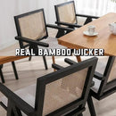Rattan Dining Chairs Set of 4, Farmhouse Wicker Dining Chairs with Removable Linen Cushion Accent Cane Armchair for Dining Room Kitchen Restaurant, Black by CozyNest Decor