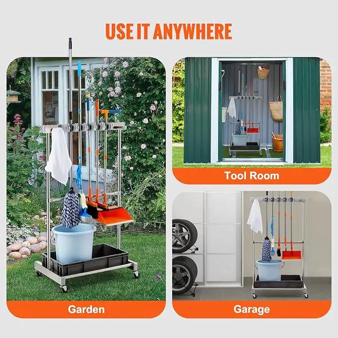 VEVOR Garden Tool Organizer, 10 Slots with Hooks, Yard Tool Tower Rack with Wheels for Garage Organization and Storage, Hold Long-Handled Tool/Rake/Broom, Metal Tool Stand Holder for Shed, Outdoor, photo 8 of 9