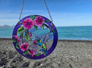 Stained Glass Window Hanging, Hummingbird Gifts for Women, Bird and Flowers Suncatcher for Window, 6" Purple Stained Glass Suncatchers, Hand Painted Glass for Birds Lover (6 inch) by GreenHaven Gardens