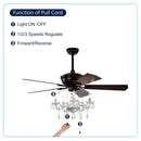 52" Crystal Shade Ceiling Fan Lamp, 3 Speed, 4 Timing, 5 Reversible Blades Crystal Ceiling Fan, 5 Pieces X E12 (No Include Bulb), Hand Pull Chain - Matte Black by HouseOfZazla