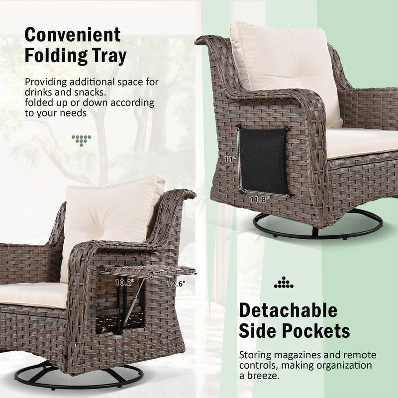 5 Pieces Outdoor Patio Furniture Set with Pet House Cool Bar and Retractable Side Tray, Rattan Wicker Patio Swivel Rocking Chairs Set of 2 with Ottomans for Backyard, Porch, Balcony, Beige