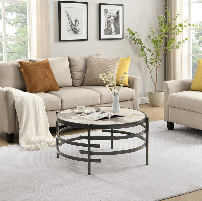 32.48" Round Coffee Table With Sintered Stone Top&Sturdy Metal Frame, Modern Coffee Table for Living Room, Darker Gray