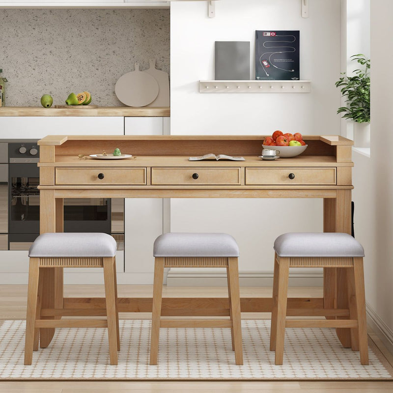TREXM 4-Piece Dining Table Set for 3, Retro Kitchen Table and Chairs Set with 3 Storage Drawers, Ideal for Small Spaces (Natural)