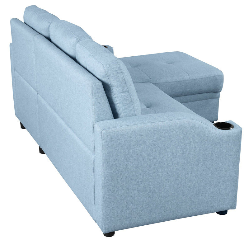 80.3" Pull Out Sofa Bed Modern Padded Upholstered Sofa Bed, Linen Fabric 3 Seater Couch with Storage Chaise and Cup Holder, Small Couch for Small Spaces