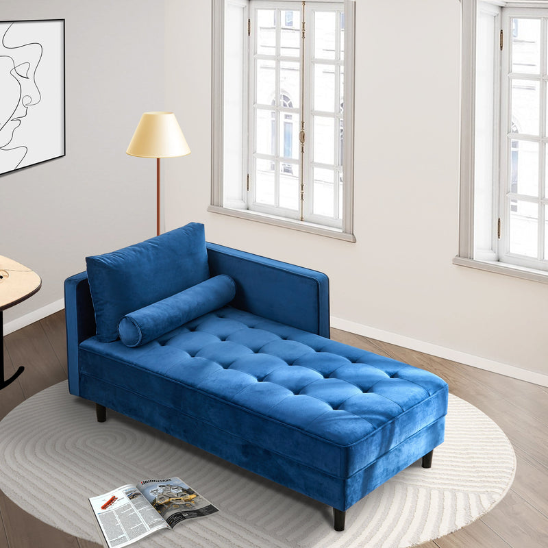 64" Velvet Chaise, Mid-Century Modern Chaise Furniture, Sleeper for Living Room, Apartment, Tool-Free Assembly. (Blue)