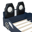 Race Car Shaped Platform Bed With LED And Upholstered Backrest In by HouseOfZazla