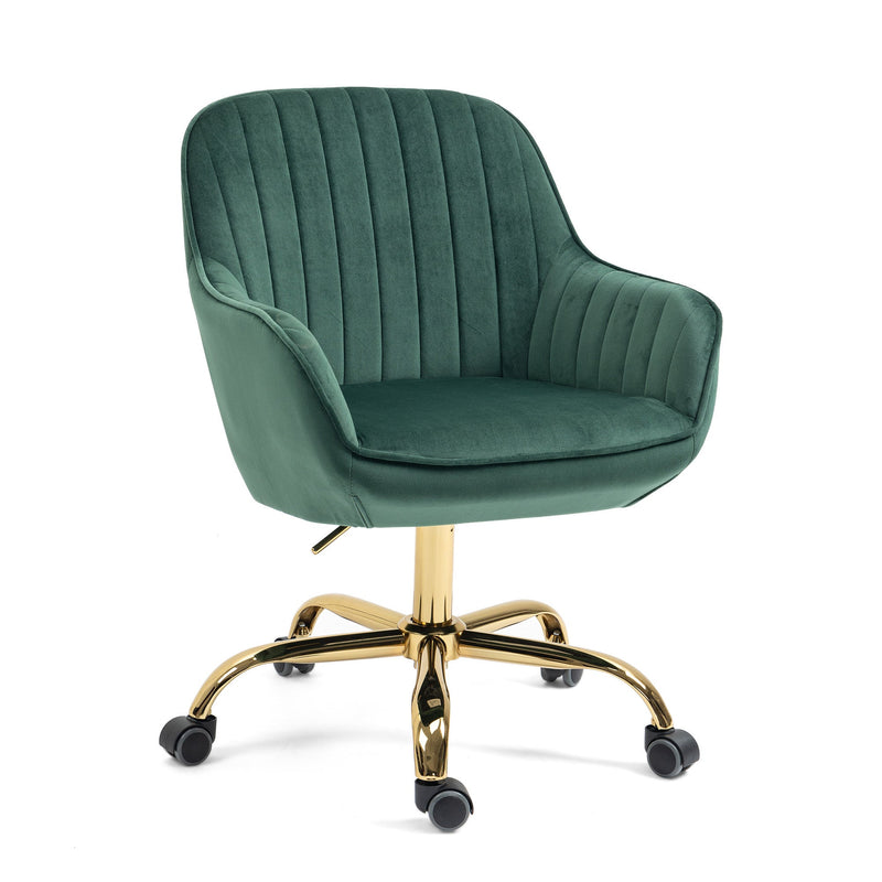 360 Green Velvet Swivel Chair With High Back, Adjustable Working Chair With Golden Color Base