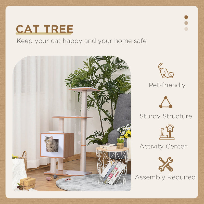 47"Modern Cat Tree Multi-Level Scratching Post With Cube Cave Enclosure - Oak Wood and White