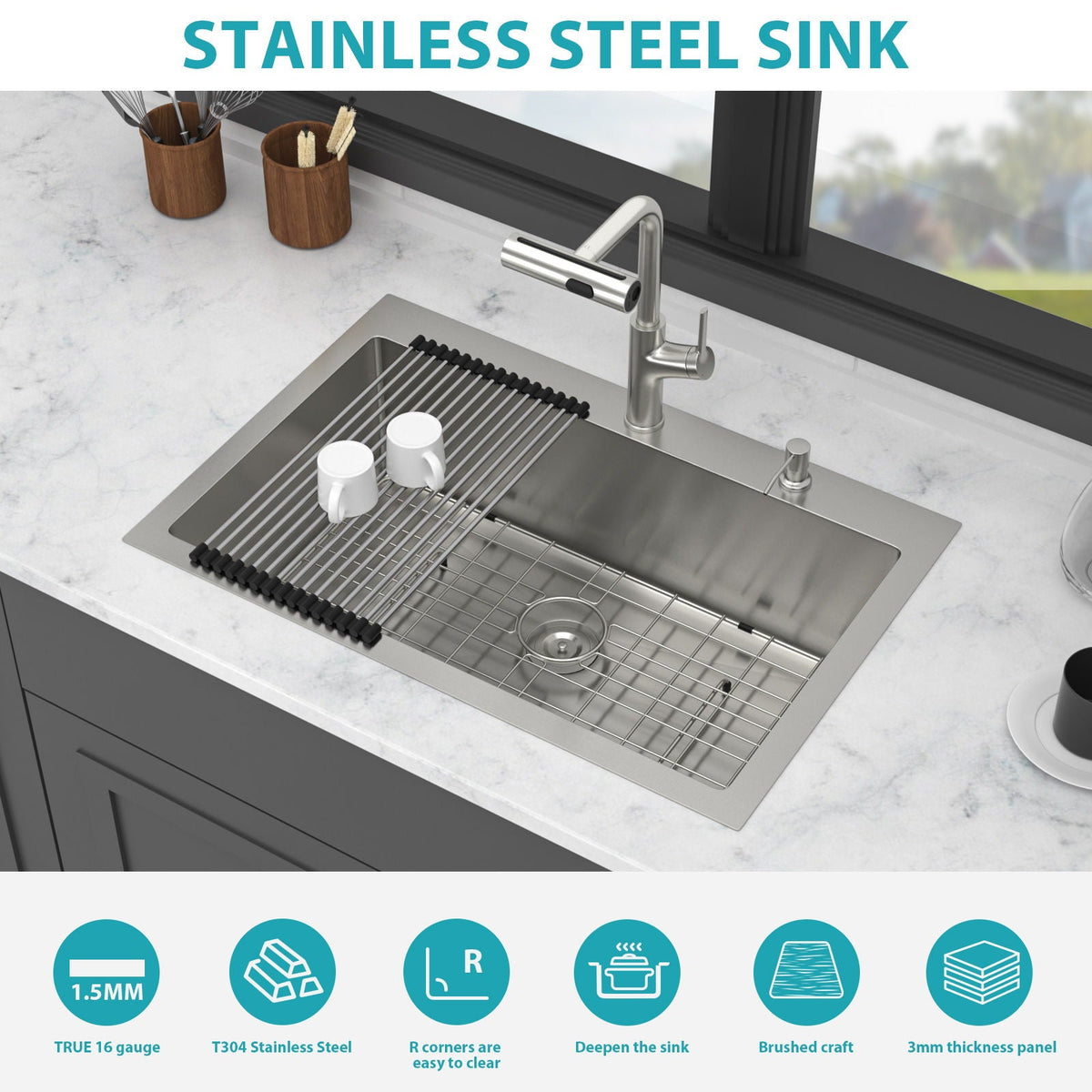 Drop-In Kitchen Sink With Pull-Out Faucet And Soap Dispenser, photo 10 of 20