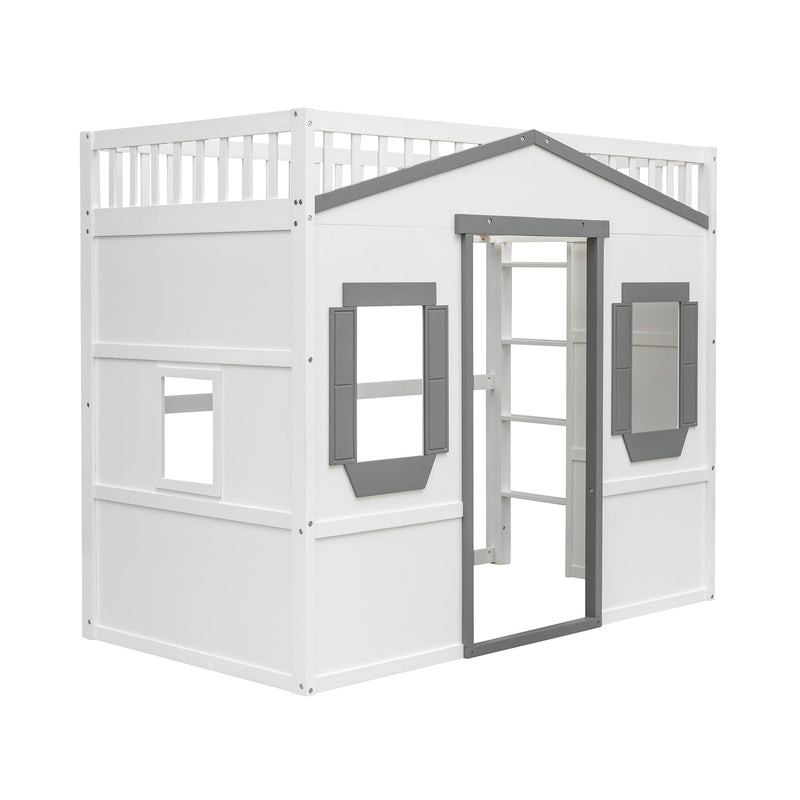 Twin Size House Loft Bed With Ladder-White+Gray Frame