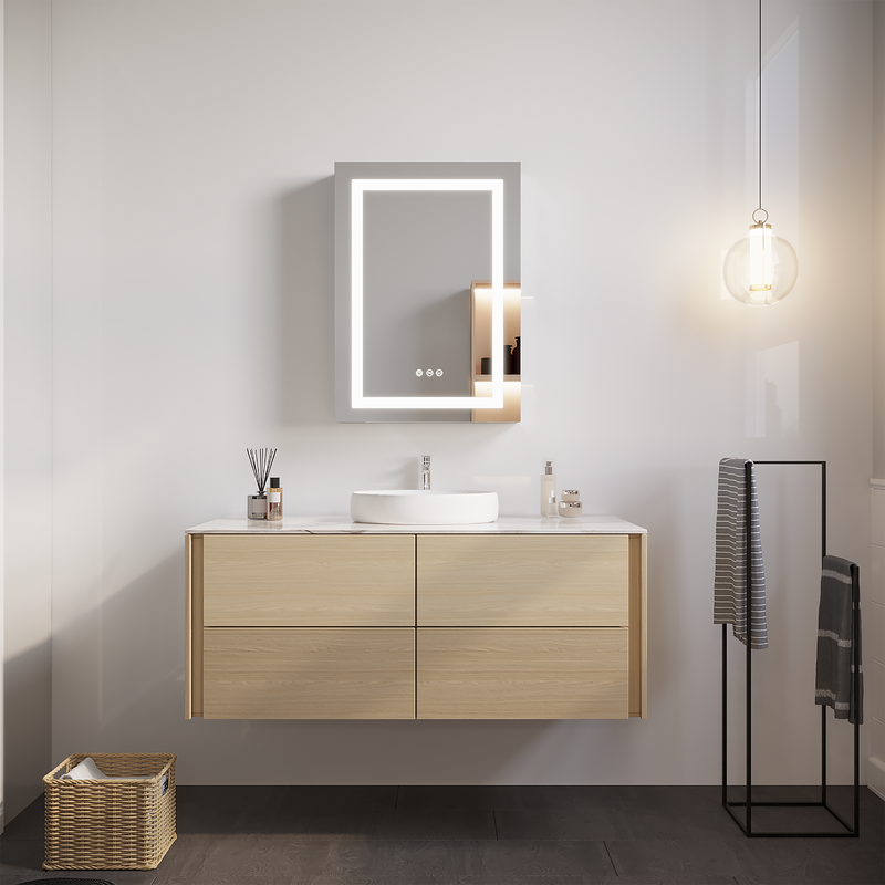 26x20 inch Bathroom Medicine Cabinet with LED Mirror, Anti-Fog, Waterproof, 3000K~6000K Single Door Lighted Bathroom Cabinet with Touch Swich, Dimmable, Recessed or Surface Mount (Right Door)
