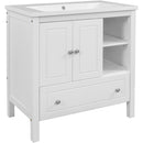 30" Bathroom Vanity with Sink, Bathroom Storage Cabinet with Doors and Drawers, Solid Wood Frame, Ceramic Sink, White