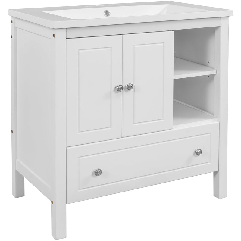 30" Bathroom Vanity with Sink, Bathroom Storage Cabinet with Doors and Drawers, Solid Wood Frame, Ceramic Sink, White