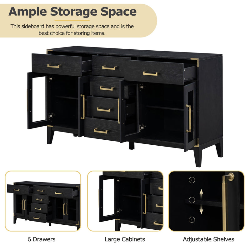 6-drawer and 2-Cabinet Retro Sideboard with Extra Large Storage Space, with Gold Handles and Solid Wood Legs, for Kitchen and Living Room (Black)