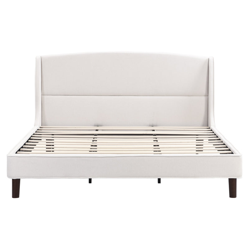 King Size Bed Frame Upholstered Platform Bed with Wingback Headboard,Beige