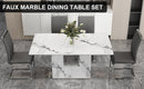 A simple dining table. A dining table with a white marble pattern. 4 PU synthetic leather high backrest cushioned side chairs with C-shaped silver metal legs. DT-SQ-16090-wh