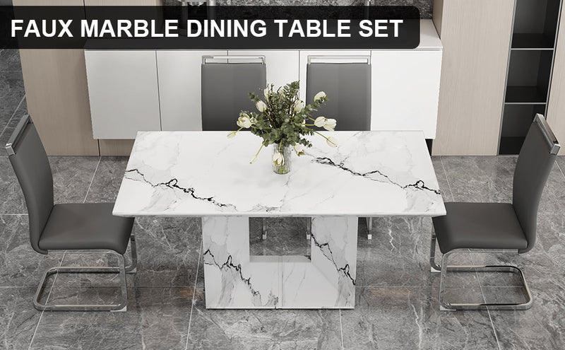 A simple dining table. A dining table with a white marble pattern. 4 PU synthetic leather high backrest cushioned side chairs with C-shaped silver metal legs. DT-SQ-16090-wh