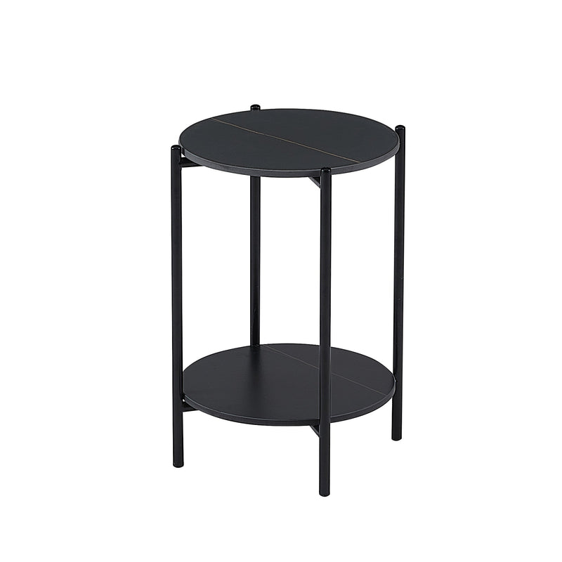 2-layer End Table with Whole Marble Tabletop, Round Coffee Table with Black Metal Frame for Bedroom Living Room Office (black, 1 piece)