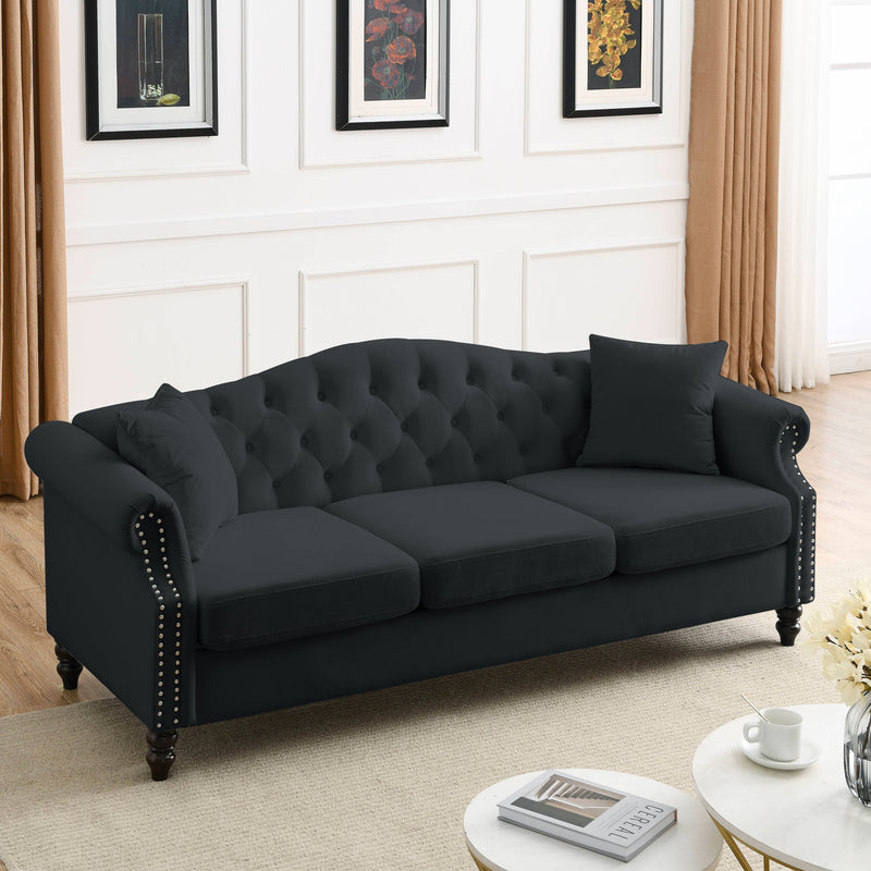 79" Chesterfield Sofa Black Velvet for Living Room, 3 Seater Sofa Tufted Couch with Rolled Arms and Nailhead for Living Room, Bedroom, Office, Apartment, 3S+2S