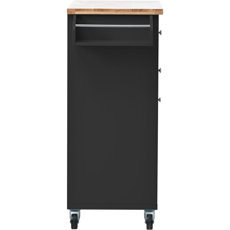 Kitchen Cart with Spice Rack, Towel Rack & Two Drawers, Rubber wood top, Kitchen Island with 4 Wheels for Dining Rooms Kitchens Living Rooms, Black