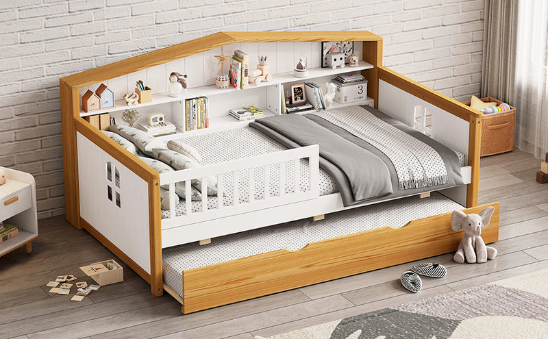 Walker Edison | Twin Size House Shape Daybed with Trundle and Bookcase Headboard