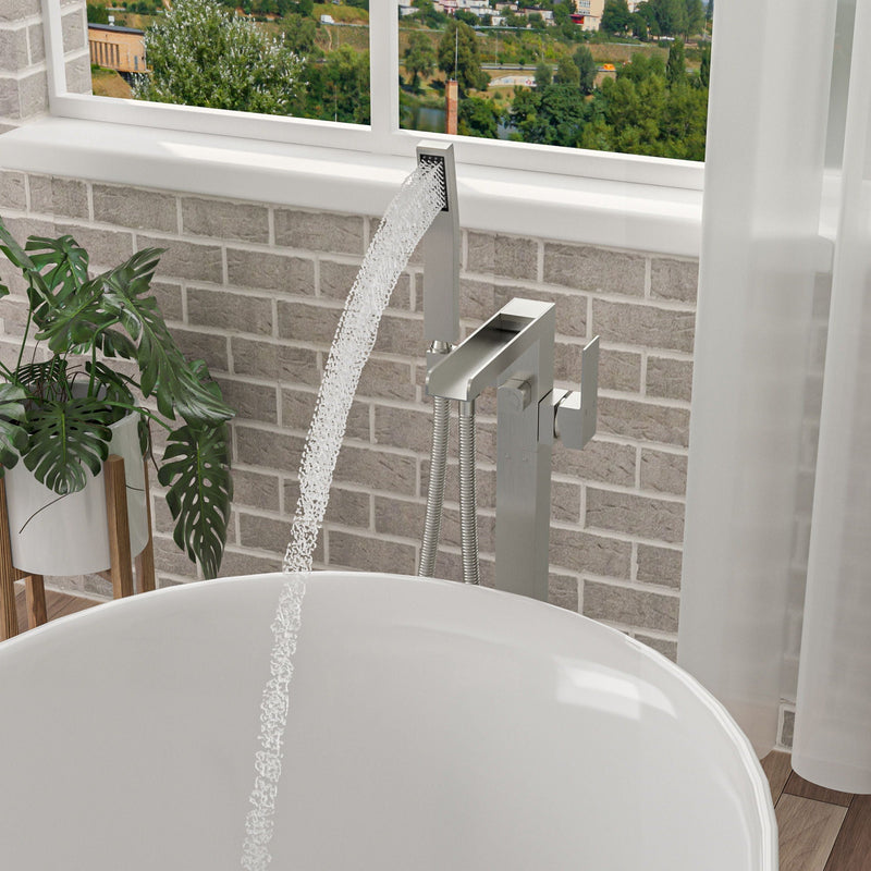 Freestanding Bathtub Faucet Waterfall Tub Filler Floor Mount Solid Brass With Hand Shower - Brushed Nickel, photo 5 of 9