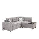 83.8" Reversible Sectional Pull-Out Sofa Bed L-Shaped Corner Sofa Couch with Storage Chaise, USB Ports, Power Sockets, Cup Holder for Living Room, Bedroom, Study,Light Gray