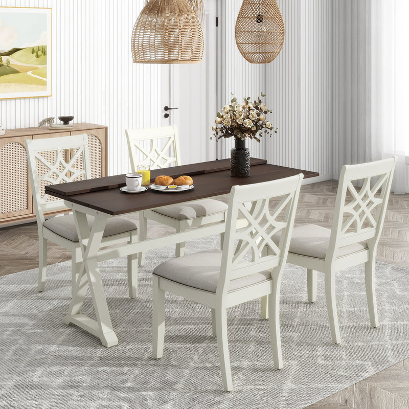 5-Piece 62x35.2inch Extendable Rubber Wood Dining Table Set with X-shape Legs,Console Table with Two 8.8Inch-Wide Flip Lids and Upholstered Dining Chairs, Beige