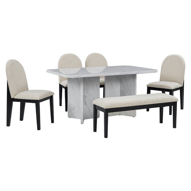 6-Piece Modern Style Dining Set with Faux Marble Table and 4 Upholstered Dining Chairs & 1 Bench (White)