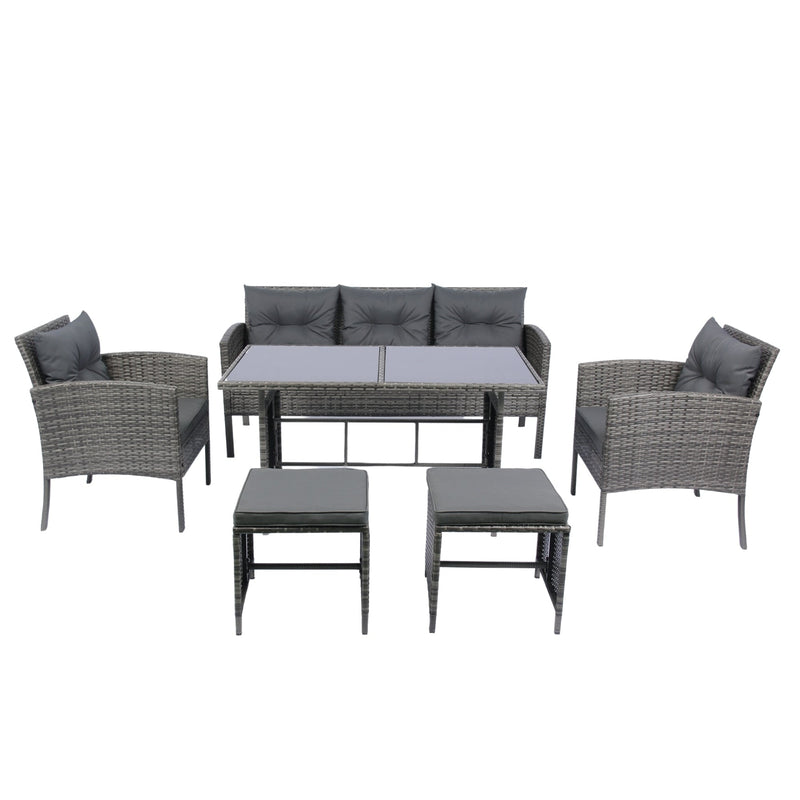 6 Piece Patio Wicker Sectional Set Patio Backyard Conversation Set Grey Wicker + Dark Grey Cushion