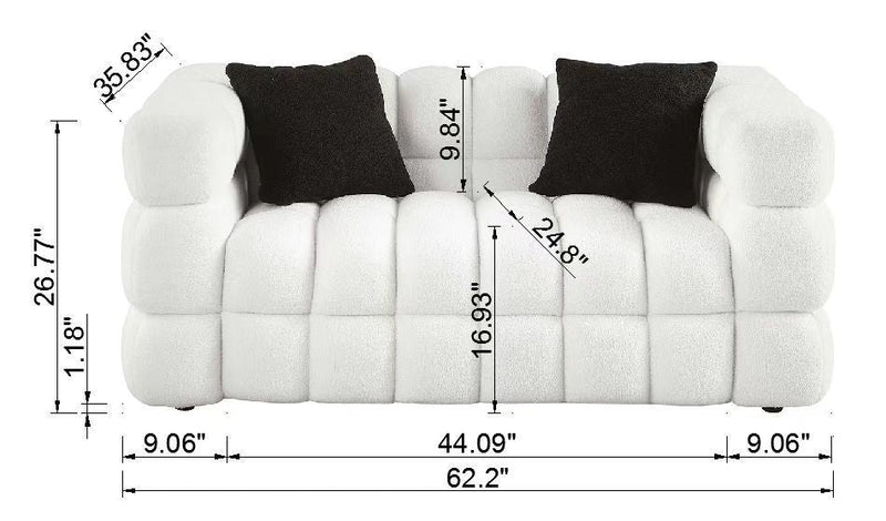 62.2length, 35.83" deepth, human body structure for USA people, marshmallow sofa,boucle sofa, White color,3 seater
