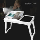 Foldable Laptop Table Bed Notebook Desk w/Cooling Fan Mouse Board LED light 4 x USB Ports Breakfast Snacking Tray with Storage Groove For Home Office