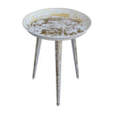 20 Inch Artisanal Industrial Round Tray Top Iron Side End Table, Tripod Base, Distressed White, Gold