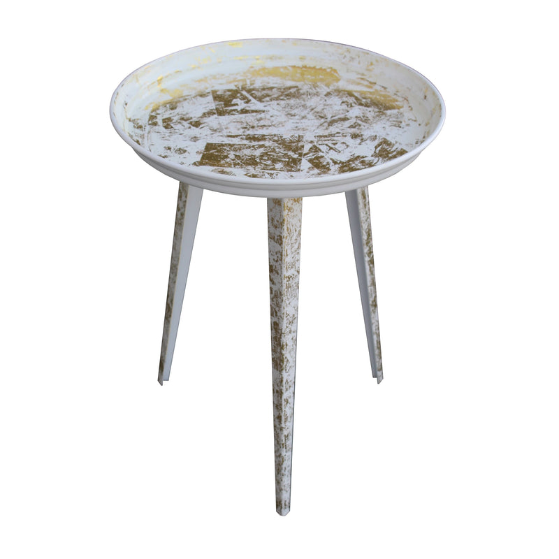 20 Inch Artisanal Industrial Round Tray Top Iron Side End Table, Tripod Base, Distressed White, Gold