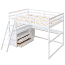 Modern Loft Bed With Built In Desk, Shelves, And 2 Drawers